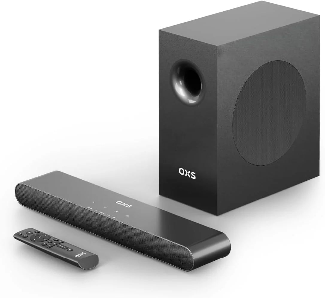 سیستم صوتی 2.1 کاناله OXS S21 با ساب ووفر، صدای دقیق با بیس عمیق، توان 240 وات، 3 حالت اکولایزر، برای سینمای خانگی/موسیقی/بازی، برای تلویزیون، کامپیوتر، ایکس باکس، PS4/5، تلفن، فوق العاده جمع و جور، نصب آسان، مشکی