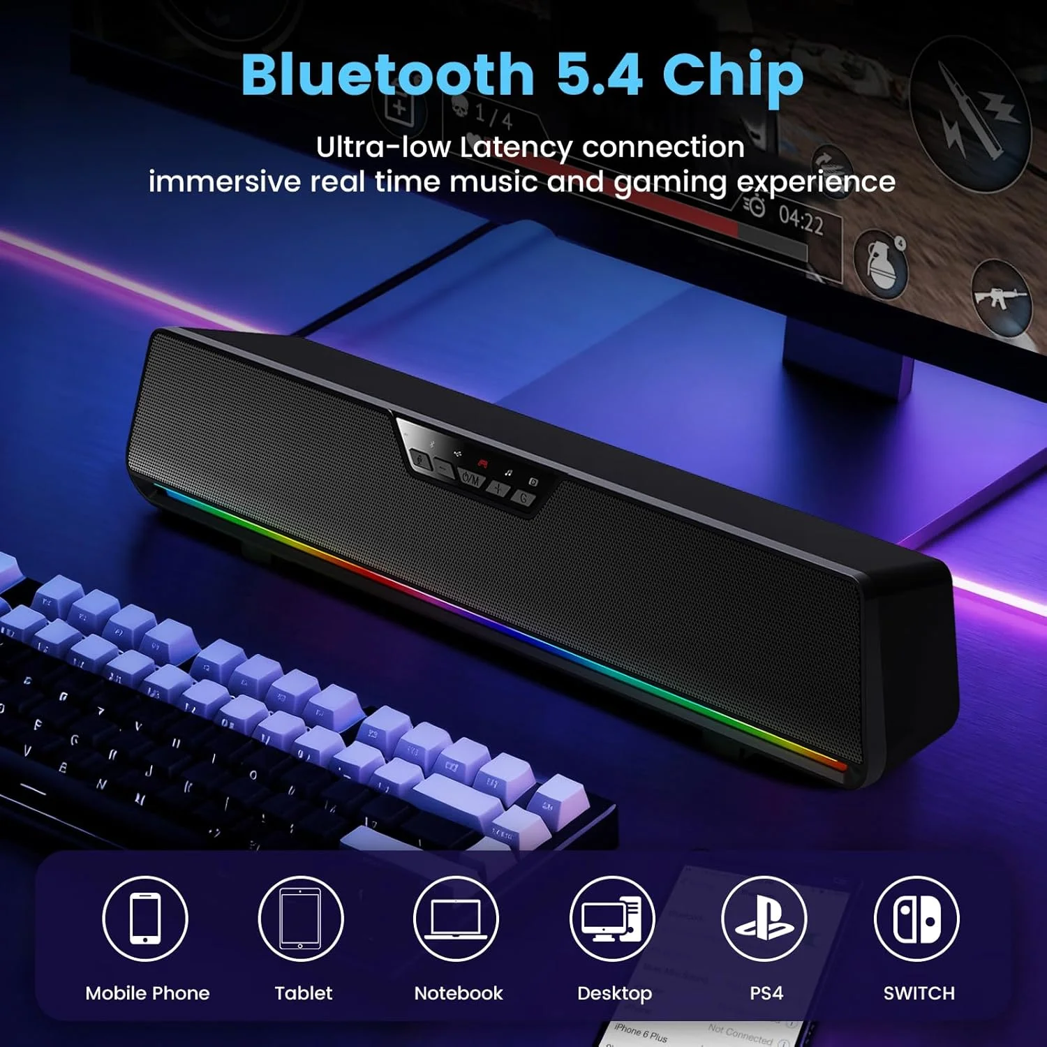 اسپیکرهای کامپیوتر برای دسکتاپ، ساندبار بلوتوث HiFi با نورهای RGB، اسپیکرهای کامپیوتر با صدای شفاف، USB C/USB برای کامپیوتر، دسکتاپ، لپ تاپ، مانیتور