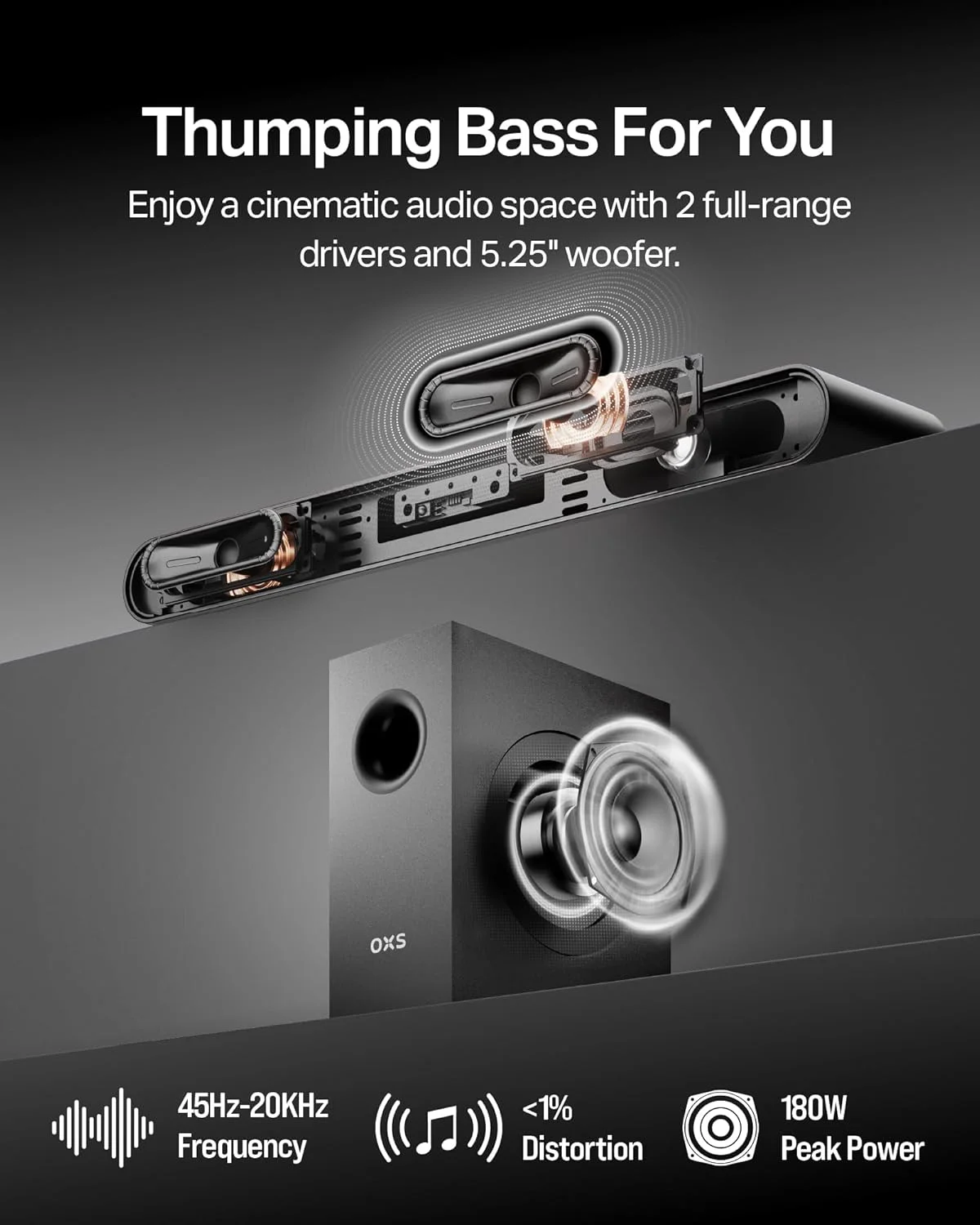 سیستم صوتی 2.1 کاناله OXS S21 با ساب ووفر، صدای دقیق با بیس عمیق، توان 240 وات، 3 حالت اکولایزر، برای سینمای خانگی/موسیقی/بازی، برای تلویزیون، کامپیوتر، ایکس باکس، PS4/5، تلفن، فوق العاده جمع و جور، نصب آسان، مشکی