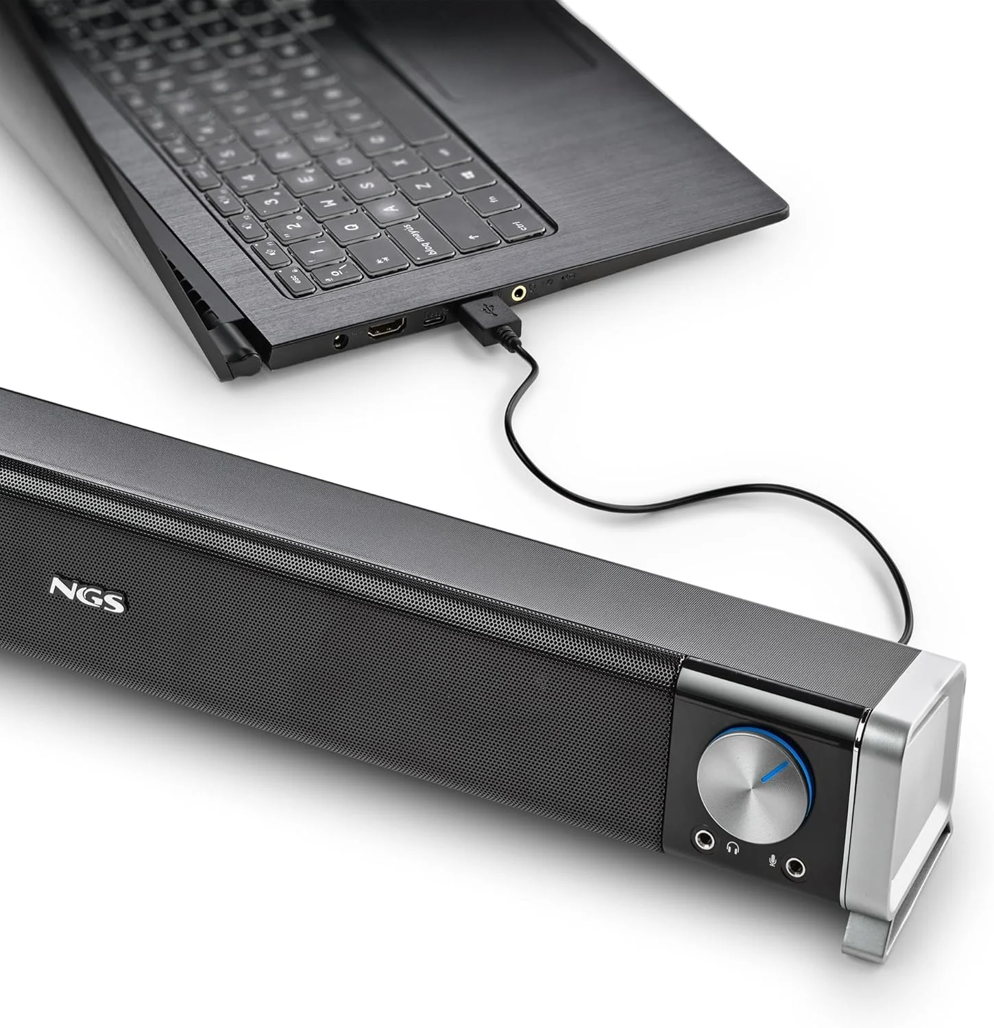 ساندبار بلوتوث بی‌سیم 20 واتی NGS SB500-BT برای کامپیوتر، تلویزیون، تلفن هوشمند یا تبلت، صدای استریو، تغذیه USB، جک 3.5 میلی‌متری، میکروفون، خروجی هدفون، اتصال آسان، جمع و جور