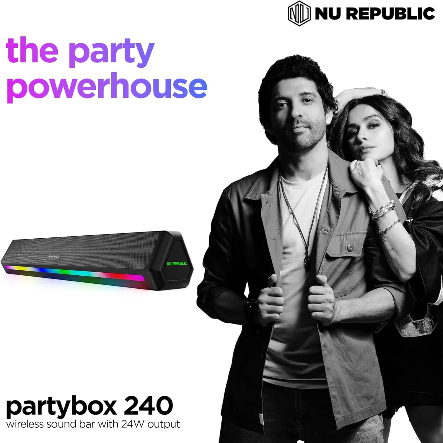 نوار صوتی بلوتوثی Nu Republic Party Box 240 با فناوری X-Bass، درایورهای دوگانه دینامیک 52 میلی‌متری، رادیاتور غیرفعال دوگانه، خروجی 24 واتی، تا 16 ساعت پخش، چراغ‌های LED چندگانه RGB (مشکی، 2.0 کانال)