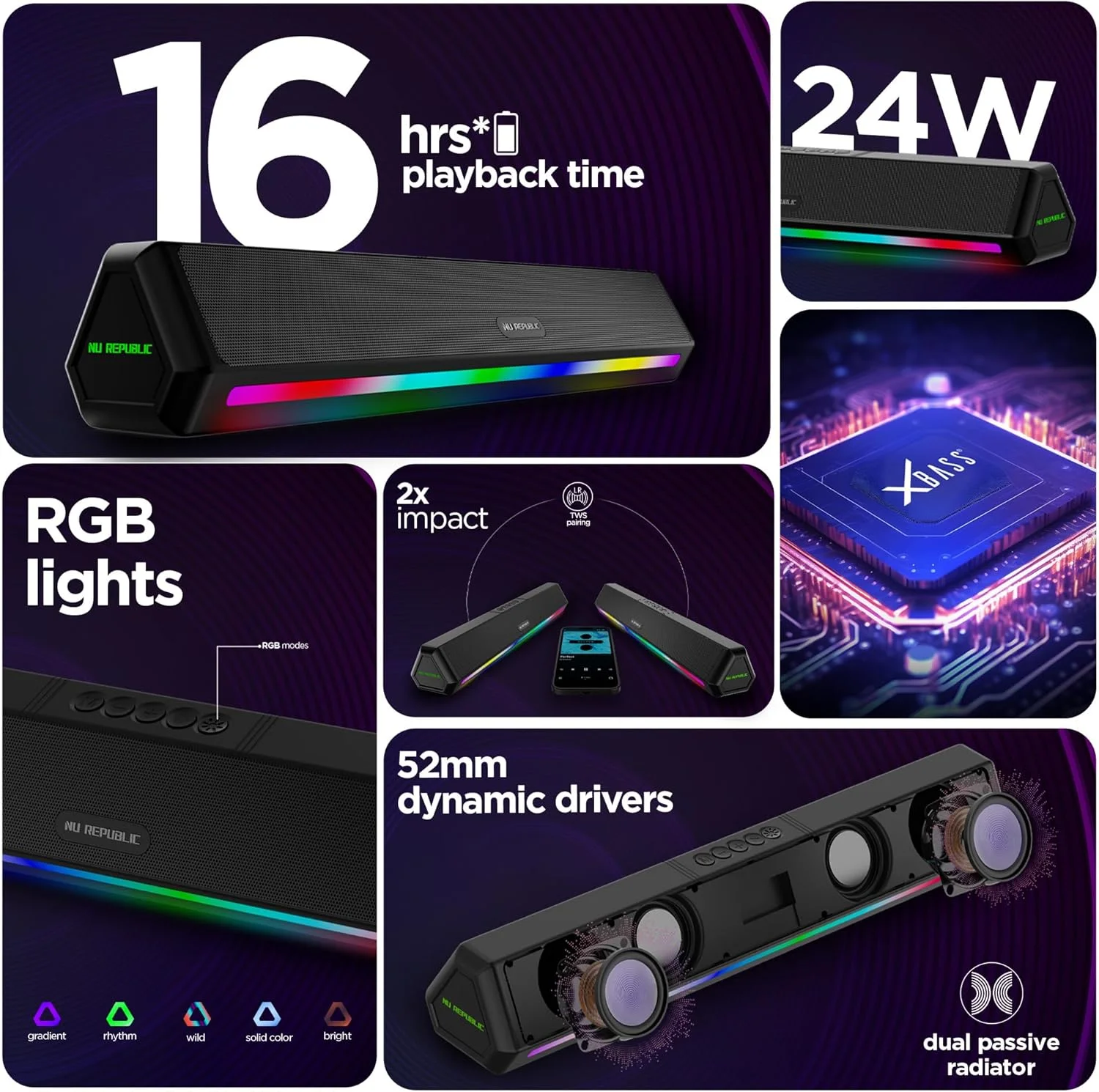 نوار صوتی بلوتوثی Nu Republic Party Box 240 با فناوری X-Bass، درایورهای دوگانه دینامیک 52 میلی‌متری، رادیاتور غیرفعال دوگانه، خروجی 24 واتی، تا 16 ساعت پخش، چراغ‌های LED چندگانه RGB (مشکی، 2.0 کانال)