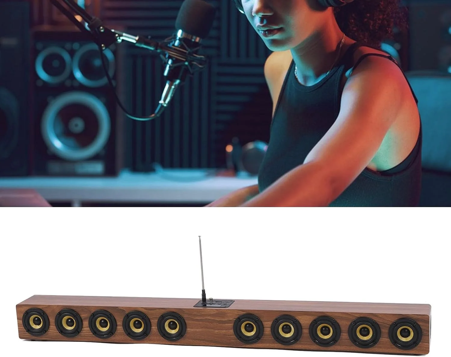 اسپیکر ساندبار چوبی بی‌سیم، 50 وات 88 سانتی‌متری چند منظوره 360 درجه صدای فراگیر HiFi بلوتوث 5.3 اسپیکر ساندبار کامپیوتر