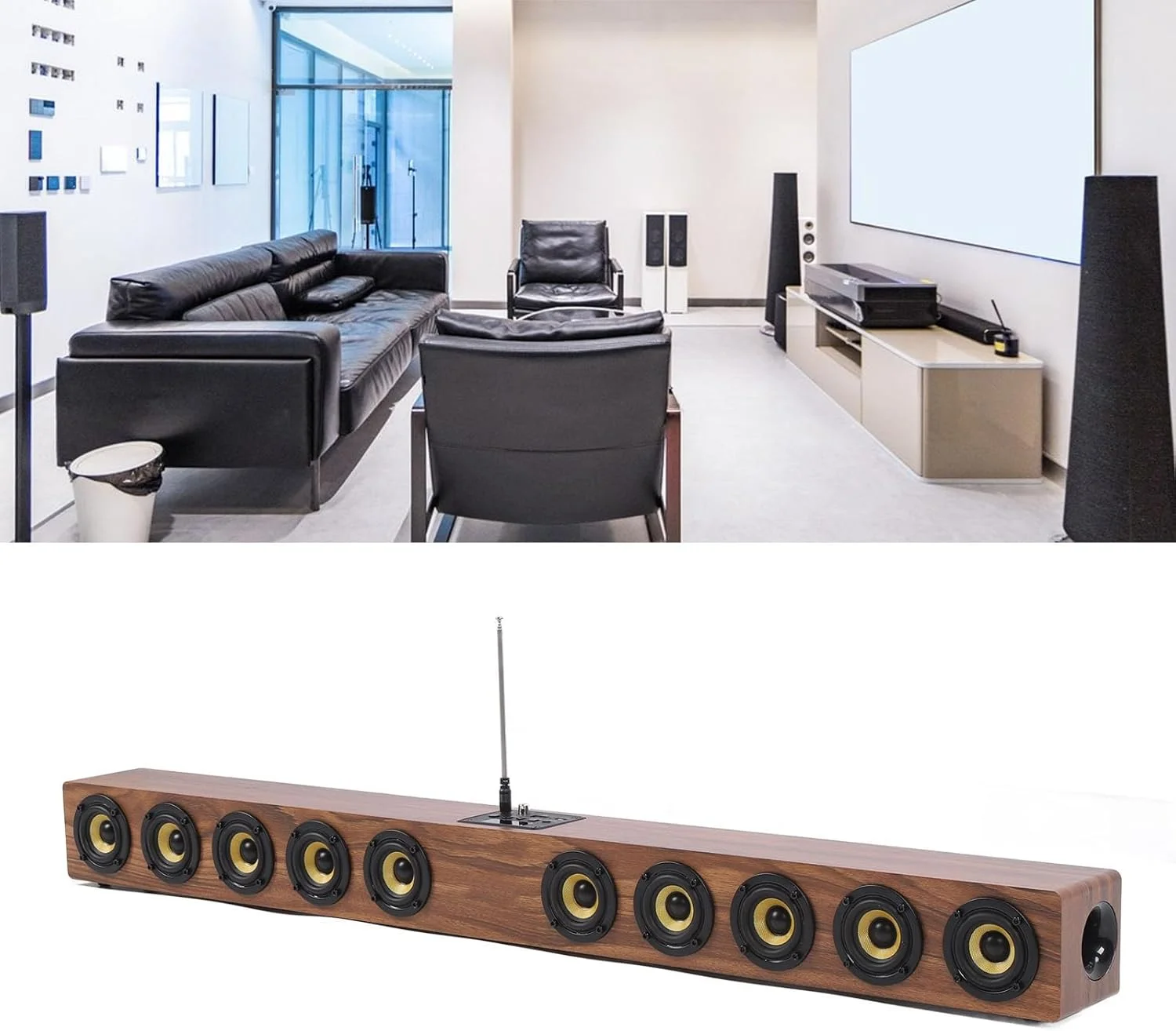 اسپیکر ساندبار چوبی بی‌سیم، 50 وات 88 سانتی‌متری چند منظوره 360 درجه صدای فراگیر HiFi بلوتوث 5.3 اسپیکر ساندبار کامپیوتر