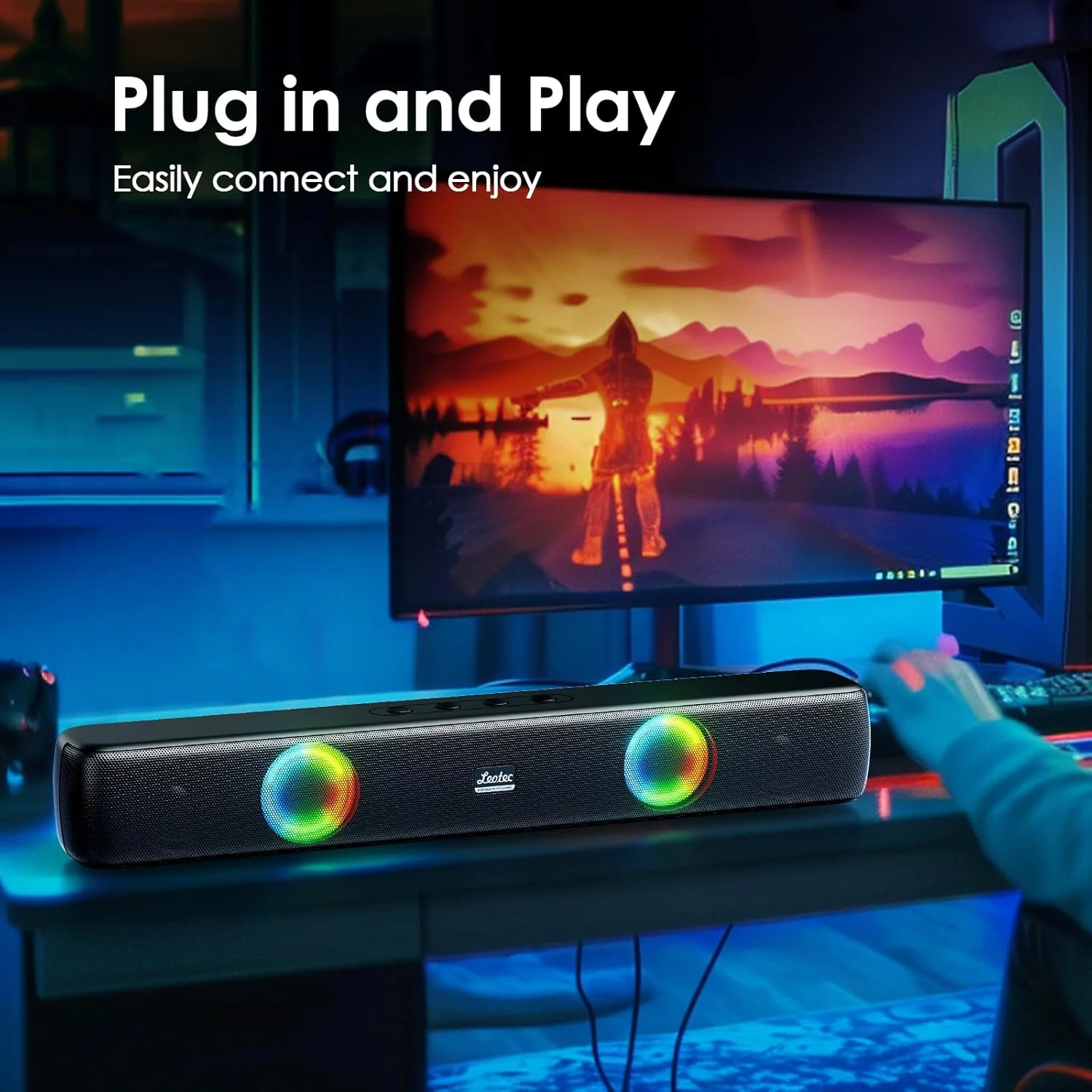 اسپیکر بلوتوث قابل حمل LEOTEC با رادیو FM، مینی ساندبار استریو USB برای کامپیوترهای رومیزی و لپ تاپ