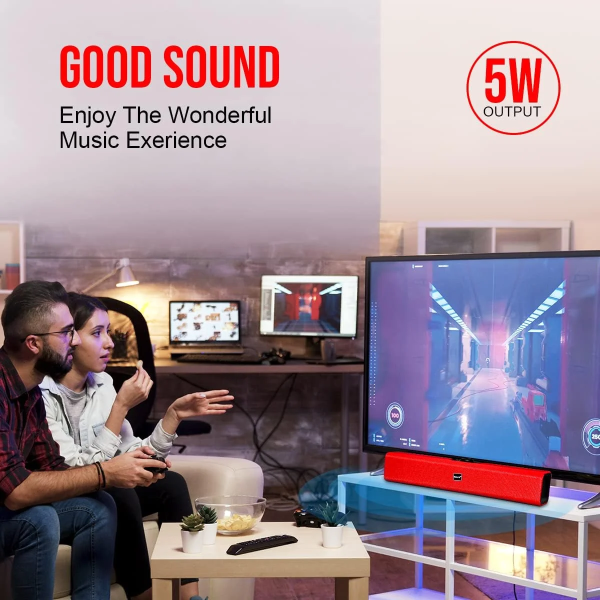اسپیکر بلوتوثی بی‌سیم قابل حمل 5.0 ساندبار با توان 5 وات RMS، تا 5 ساعت پخش موسیقی، دارای پورت AUX/USB/کارت SD، صدای سینمایی 2.1 کاناله با ساب ووفر و بیس داخلی (قرمز)