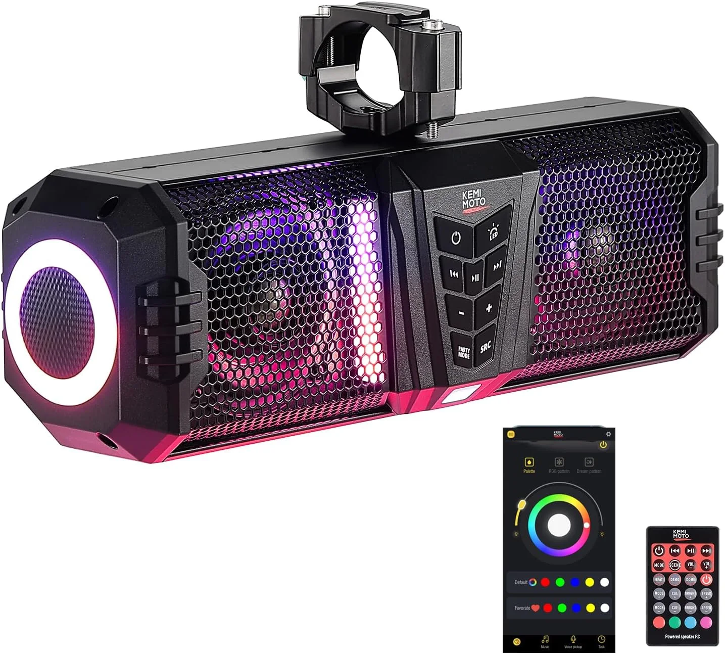 سیستم صوتی 40 اینچی مقاوم در برابر آب KEMIMOTO Midnight 1.5، مناسب برای خودروهای UTV و ATV با بلوتوث و نورپردازی RGB، سازگار با Polaris RZR و Can-Am، قابل نصب بر روی میله های 1 تا 2 اینچی