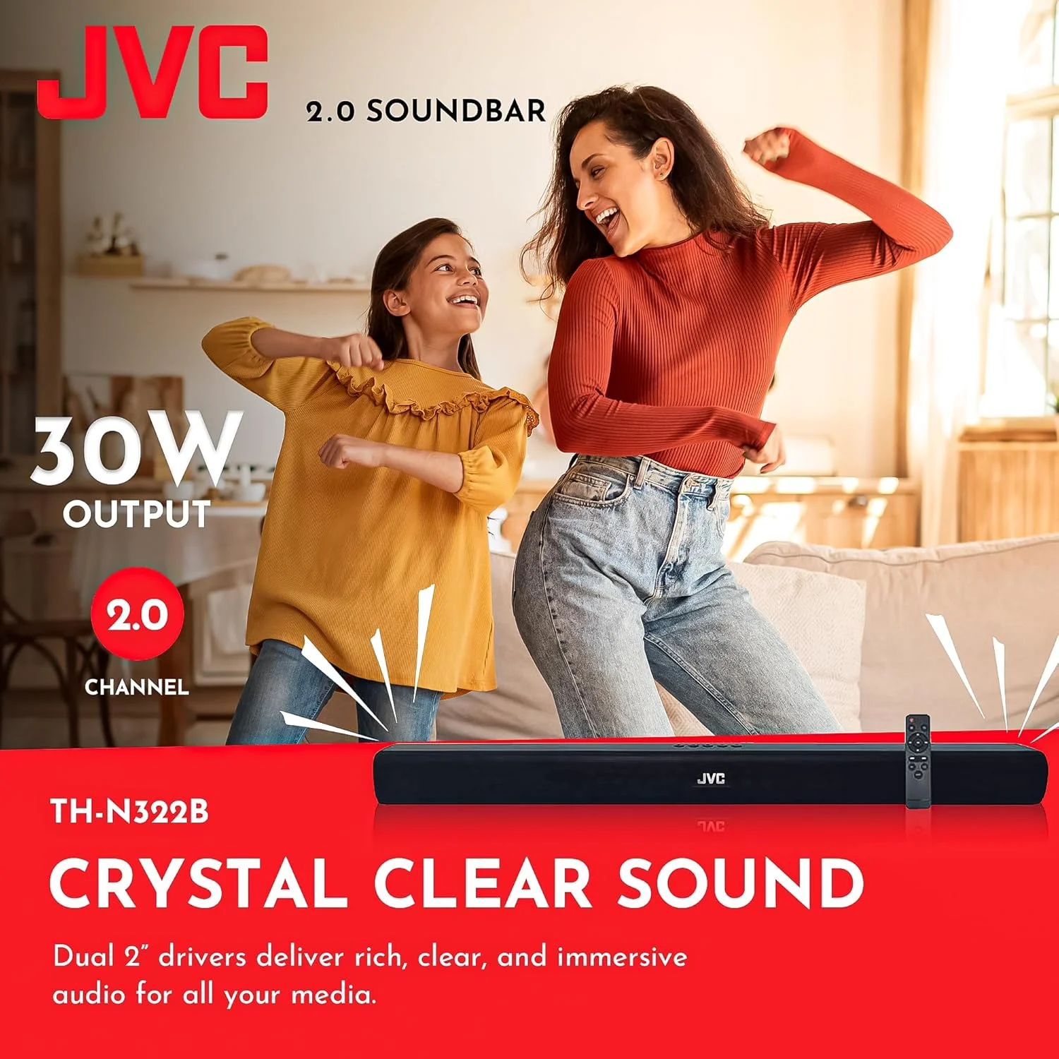 اسپیکر نواری مشکی JVC: بلوتوث، رادیو FM، USB، AUX، اپتیکال، HDMI (ARC)، خروجی 30 وات، کنترل از راه دور