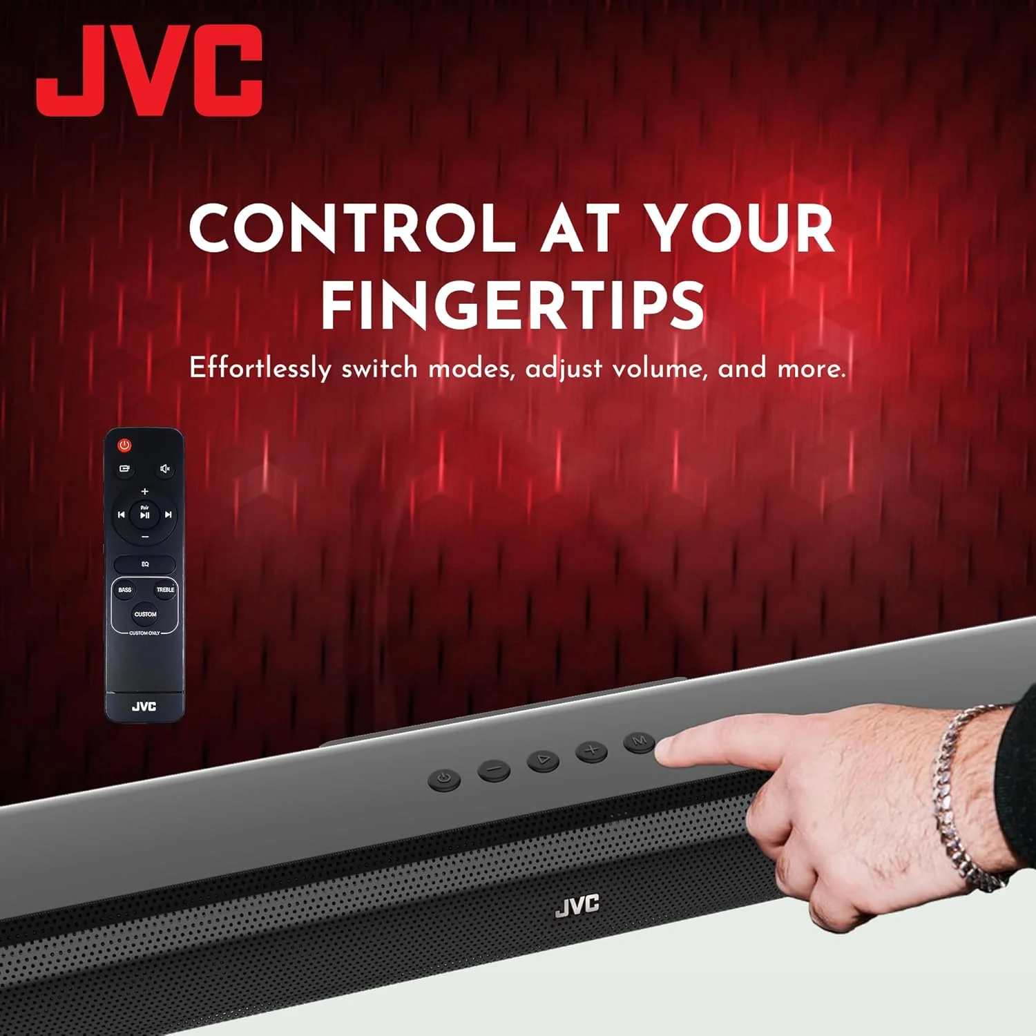 اسپیکر نواری مشکی JVC: بلوتوث، رادیو FM، USB، AUX، اپتیکال، HDMI (ARC)، خروجی 30 وات، کنترل از راه دور