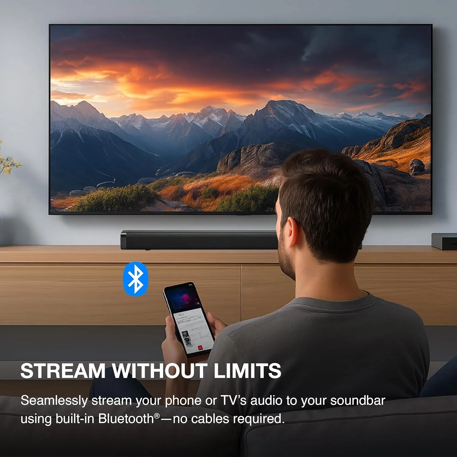 آی لایو ساندبار بلوتوثی 32 اینچی با ساب ووفر بی سیم، صدای استریو 2.1 کاناله، ورودی کمکی RCA استریو، ورودی صوتی 3.5 میلی متری، 3 حالت تنظیم صدا، ساندبار قابل نصب روی دیوار