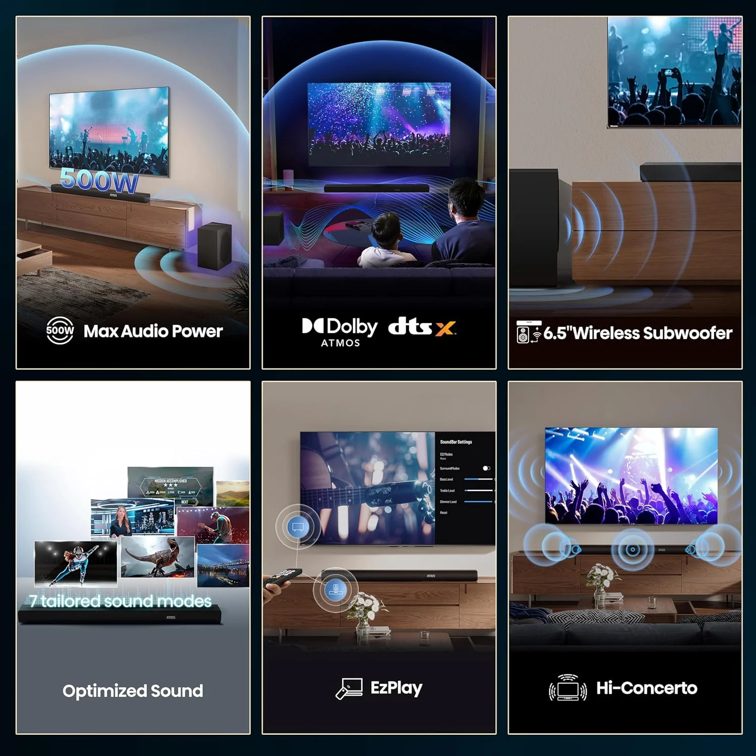 سیستم صوتی 3.1 کاناله هایسنس مدل AX3100Q به همراه ساب ووفر بی سیم، Dolby Atmos، DTS:X، بلوتوث 5.3، سازگار با Roku TV، HDMI/AUX/ARC/Optical/USB، EzPlay، 7 حالت اکولایزر