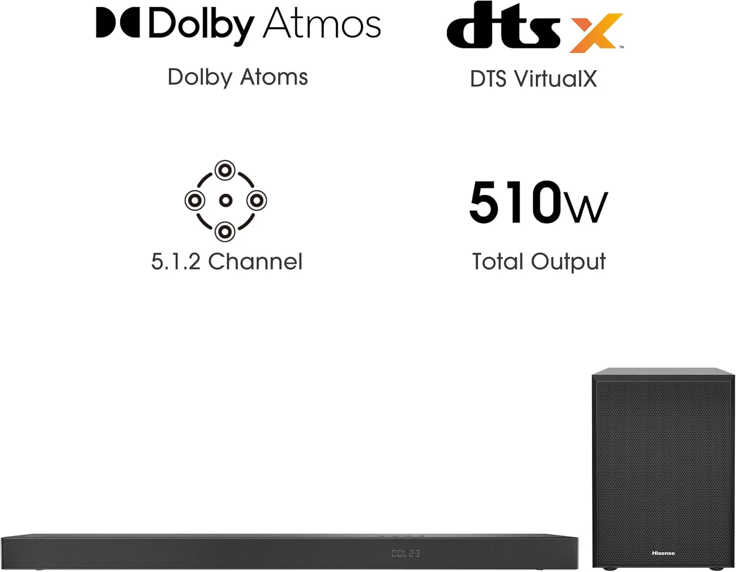 هیسنس (بازسازی شده) U5120G سیستم صوتی حرفه ای 5.1.2 کاناله به همراه ساب ووفر بی سیم، 510 وات، صدای Hi-Res، بلوتوث 4.2، انتقال 4K HDR، Type-C، HDMI ARC/Optical/AUX/USB