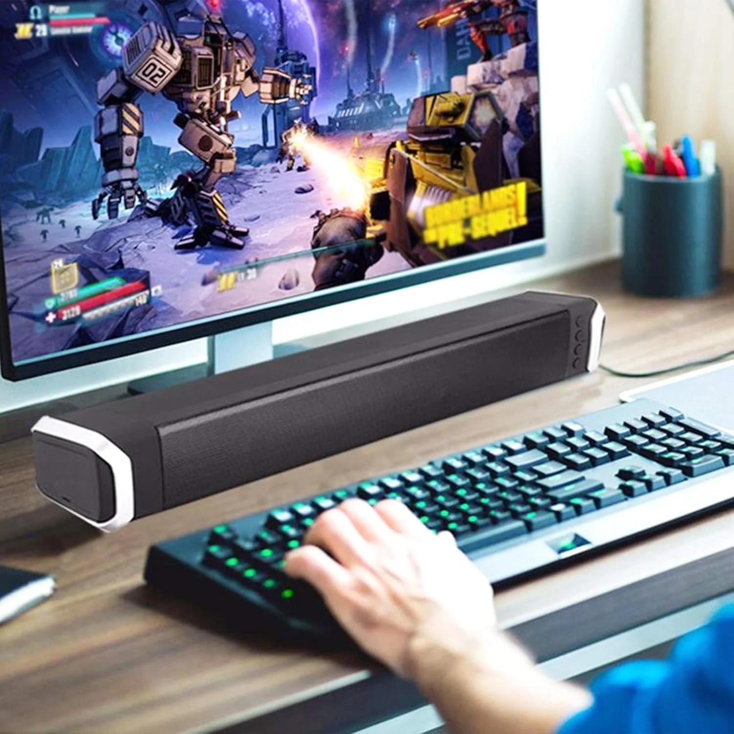 اسپیکر استریو ساندبار باسیم/بیسیم، ساندبار بلوتوث 4.2 برای کامپیوتر، اسپیکر برای لپتاپ رومیزی، ساندبار کوچک کامپیوتر با منبع تغذیه USB، 16 ساعت پخش، مشکی مدل جدید اسپیکر استریو ساندبار باسیم/بیسیم، ساندبار بلوتوث 4.2 برای کامپیوتر، اسپیکر برای لپتاپ رومیزی، ساندبار کوچک کامپیوتر با منبع تغذیه USB، 16 ساعت پخش، مشکی مدل جدید