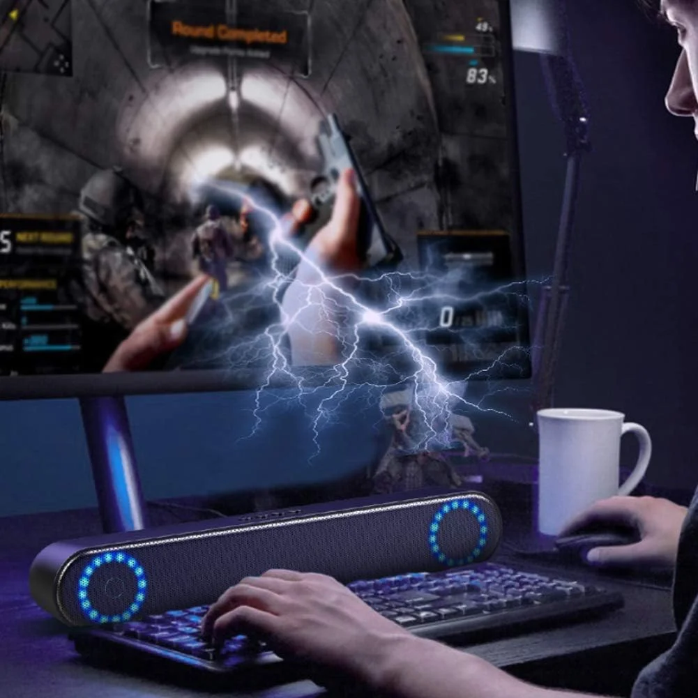 مینی ساندبار بی‌سیم بلوتوثی با افکت صدای فراگیر 360 درجه، دارای 3 حالت صدا، تراشه بلوتوث 5.0 داخلی، اتصال سیمی و بی‌سیم با برد بیش از 10 متر، آبی