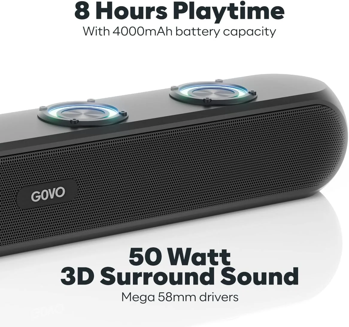 گوو Gosurround 320 | ساندبار بلوتوثی 50 واتی، باتری 4000 میلی آمپری، 2.0 کاناله با درایورهای 58 میلی متری، چراغ های LED چند رنگ با TWS، Aux، بلوتوث و USB (مشکی پلاتینی)