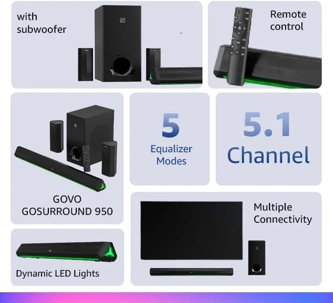 سیستم صوتی خانگی 5.1 کاناله GOVO GOSURROUND 950 | نوار صوتی 280 وات | دارای ساب ووفر 6.5 اینچی | دارای دو ماهواره پشتی، HDMI، AUX، USB و بلوتوث، 5 حالت اکولایزر، ریموت کنترل شیک و نمایشگر LED (مشکی پلاتینی)