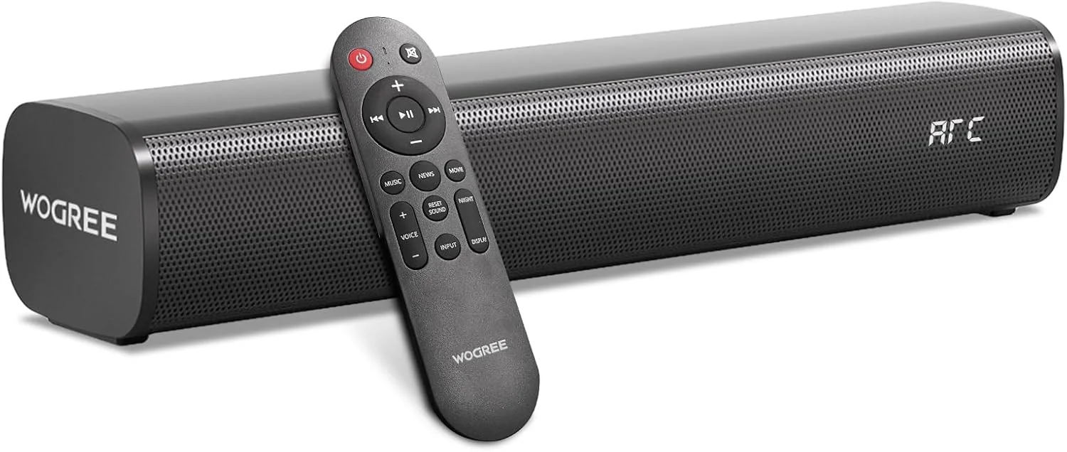 نوار صوتی 2.1 کاناله برای تلویزیون هوشمند با 6 سطح بهبود صدا، ساب ووفر داخلی، بلندگوهای نوار صوتی بلوتوث 5.3 تلویزیون 16 اینچی با اتصال ARC/Optical/AUX/USB