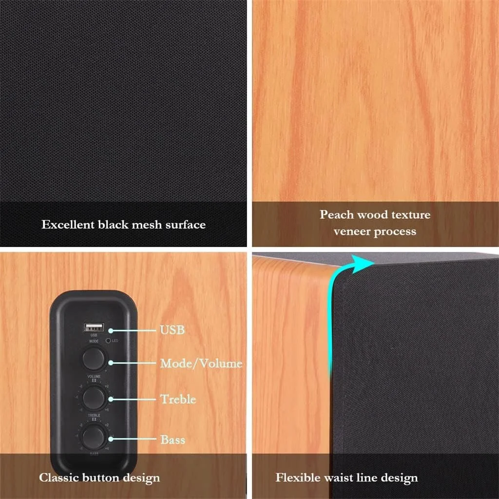 اسپیکر قفسه کتابی 80 واتی 2.0 HiFi بلوتوث سیستم صوتی چوبی اسپیکرهای موسیقی برای تلویزیون کامپیوتر ستونی ساندبار 4.5 اینچی USB