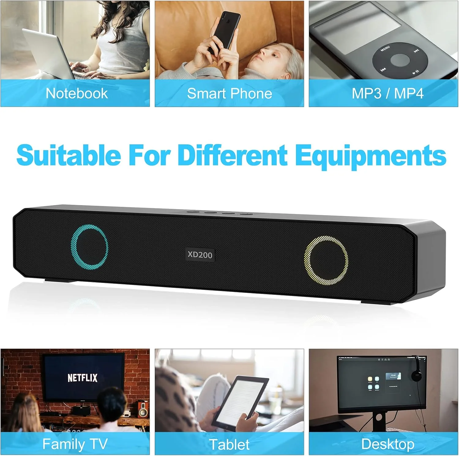 اسپیکر بلوتوثی کوچک ساندبار بی سیم خانگی با چراغ های چشمک زن چند رنگ سازگار با کامپیوتر، لپ تاپ، تلفن های هوشمند اسپیکر بلوتوثی کوچک ساندبار بی سیم خانگی با چراغ های چشمک زن چند رنگ سازگار با کامپیوتر، لپ تاپ، تلفن های هوشمند