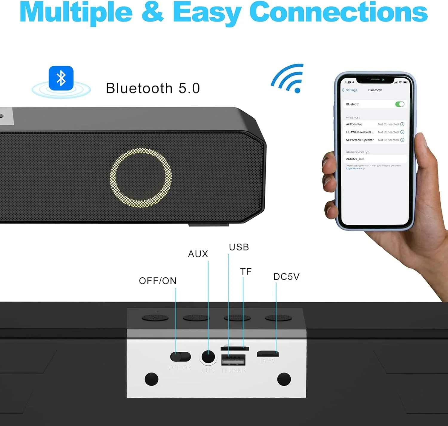 اسپیکر بلوتوثی کوچک ساندبار بی سیم خانگی با چراغ های چشمک زن چند رنگ سازگار با کامپیوتر، لپ تاپ، تلفن های هوشمند اسپیکر بلوتوثی کوچک ساندبار بی سیم خانگی با چراغ های چشمک زن چند رنگ سازگار با کامپیوتر، لپ تاپ، تلفن های هوشمند