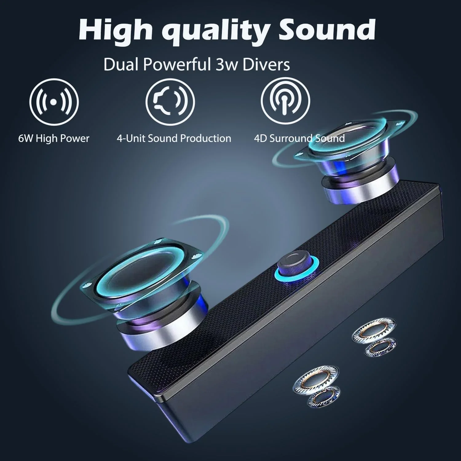 اسپیکر ساندبار کامپیوتر USB با کنترل صدا LED، جک صوتی 3.5 میلی متری، مجهز به بلوتوث 5.0، مشکی