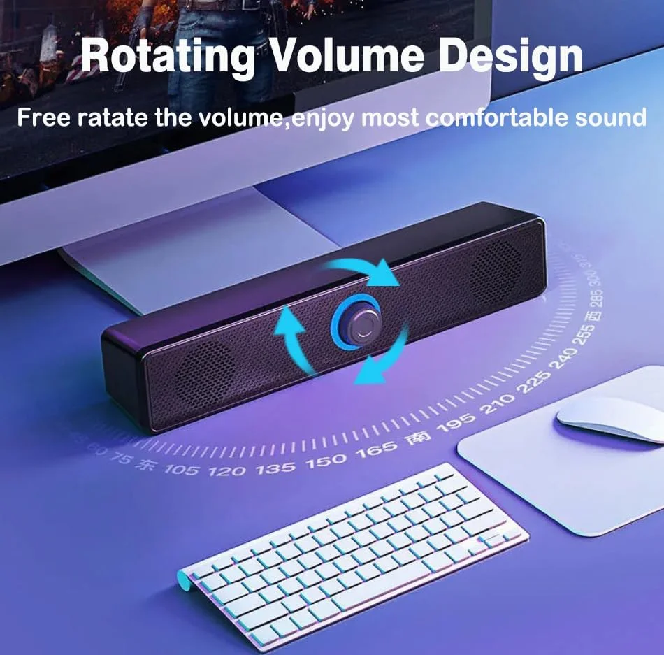 اسپیکر ساندبار کامپیوتر USB با کنترل صدا LED، جک صوتی 3.5 میلی متری، مجهز به بلوتوث 5.0، مشکی