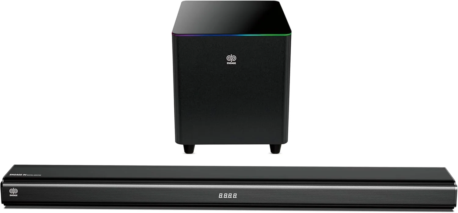 نوار صوتی بلوتوثی ENGAGE BAR 133SW به همراه ساب ووفر، بی سیم، مشکی، 250 وات RMS/5000 وات PMPO، نورپردازی RGB شیشه ای دوتایی