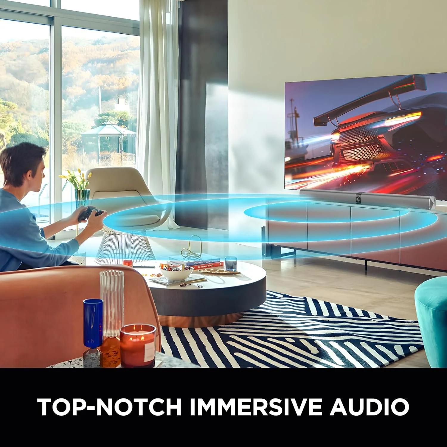 نوار صوتی 80 واتی با اتصال بلوتوث/ARC/Opt/AUX، با تقویت صدا، 3 حالت اکولایزر، نوار صوتی جداشدنی 2 در 1 برای تلویزیون/رایانه شخصی/بازی/پروژکتور