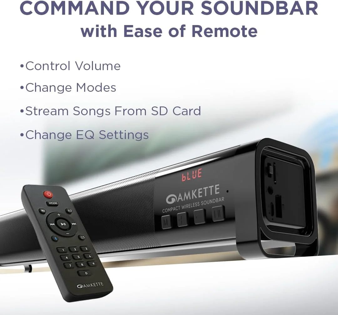 آمپکت بومر کامپکت 16 واتی ساندبار بلوتوثی با کنترل از راه دور | 8 ساعت پخش | ساب ووفر یکپارچه | 6 حالت اکولایزر | AUX، بلوتوث، USB، SD و TWS | شارژ Type C (مشکی)