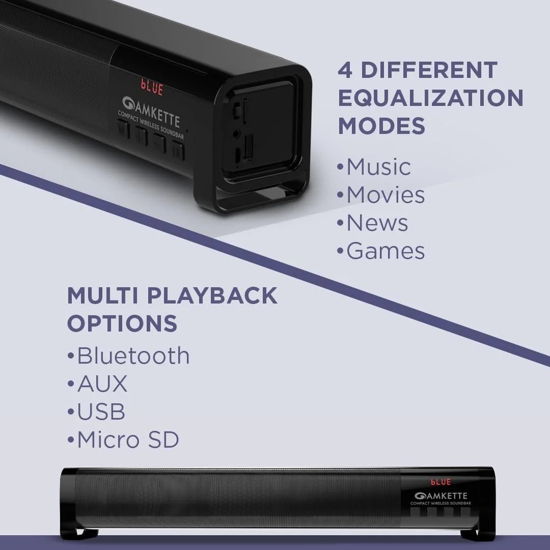 آمپکت بومر کامپکت 16 واتی ساندبار بلوتوثی با کنترل از راه دور | 8 ساعت پخش | ساب ووفر یکپارچه | 6 حالت اکولایزر | AUX، بلوتوث، USB، SD و TWS | شارژ Type C (مشکی)