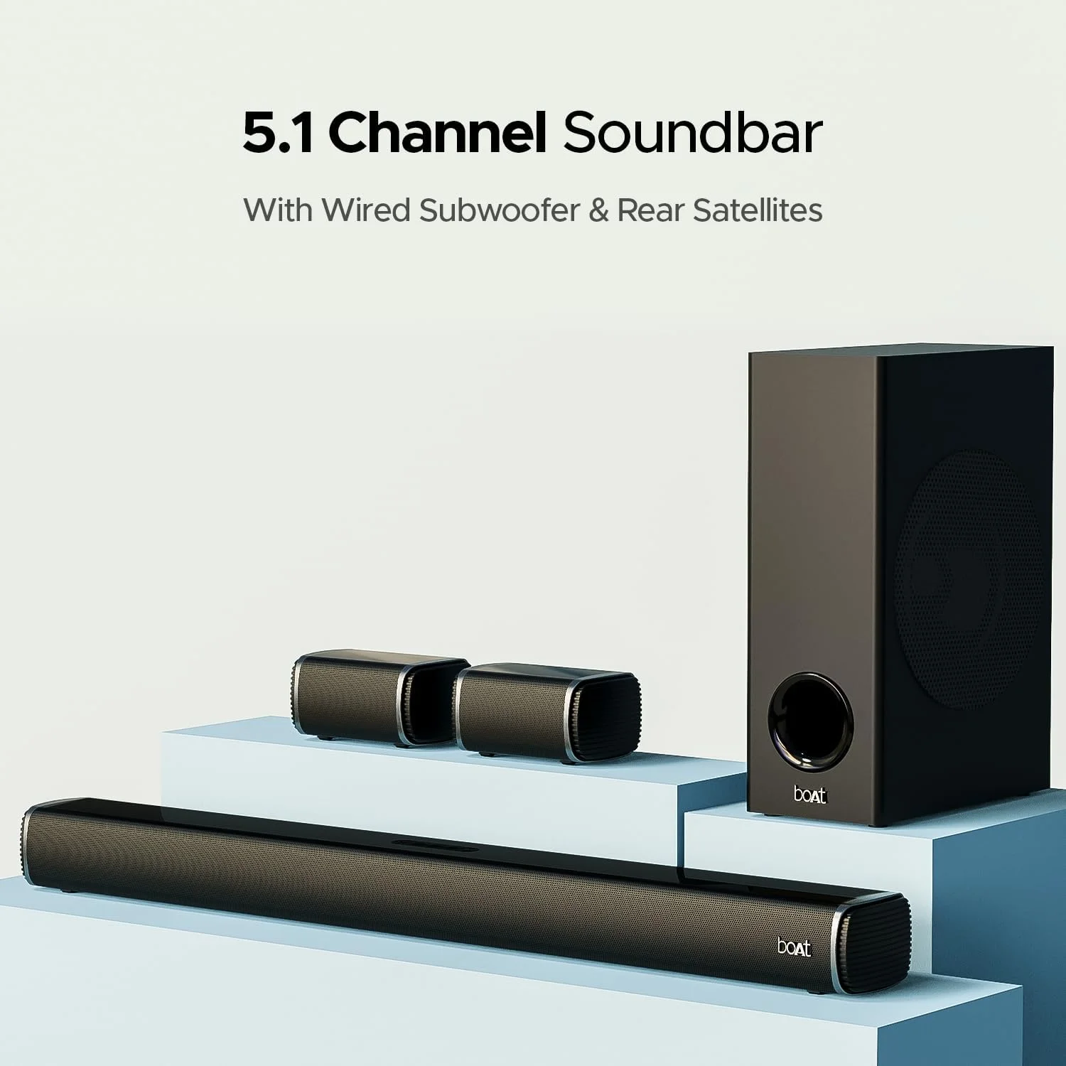 ساندبار 5.1 کاناله Boat Aavante Bar 2400 با توان خروجی 180 وات RMS، ساب ووفر سیمی، 2 بلندگوی ماهواره ای پشتی، صدای امضای Boat، سازگاری چندگانه، حالت های EQ و کنترل از راه دور (مشکی درجه یک)