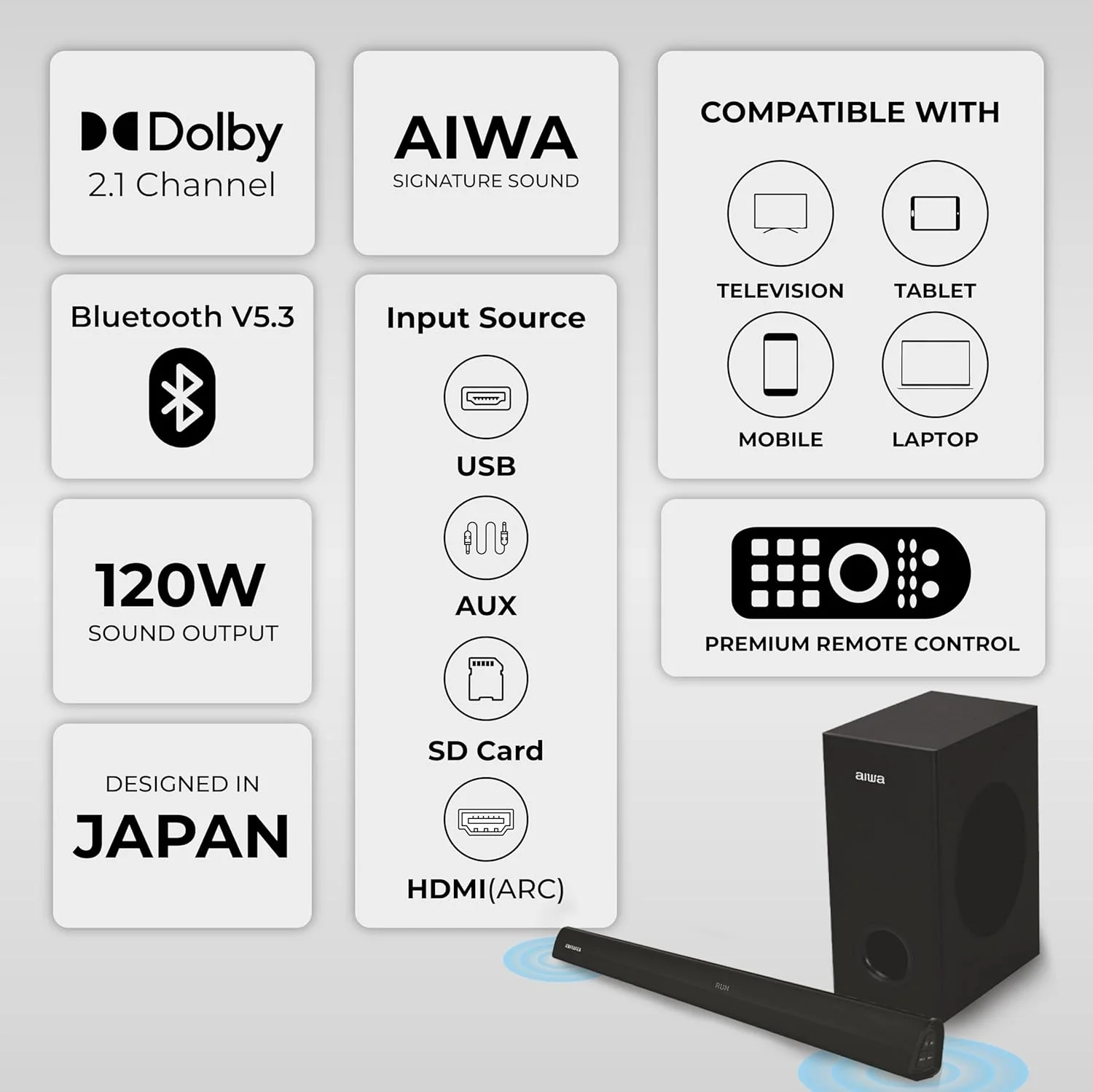 ساندبار Aiwa با صدای خاص، بلوتوث V5.3 و بیس قدرتمند، ساب ووفر 5.25 اینچی، 2.1 کانال با کنترل از راه دور، کارت SD، HDMI، AUX، USB، صدای فراگیر 120 واتی | KANDO – AW-SSB120