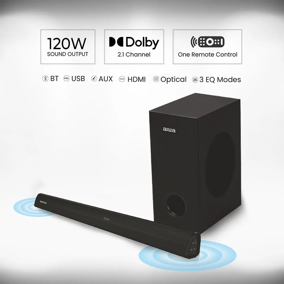 ساندبار Aiwa با صدای خاص، بلوتوث V5.3 و بیس قدرتمند، ساب ووفر 5.25 اینچی، 2.1 کانال با کنترل از راه دور، کارت SD، HDMI، AUX، USB، صدای فراگیر 120 واتی | KANDO – AW-SSB120
