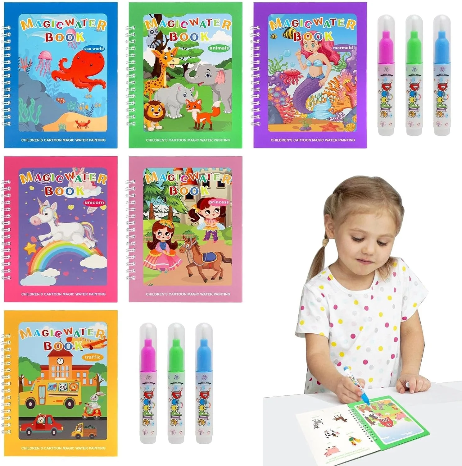 مجموعه ۶ عددی کتاب رنگ آمیزی با قلم آبی و نقاشی با آب، مناسب کودکان ۳ سال به بالا، نقاشی تمیز در هر مکان، استفاده مجدد