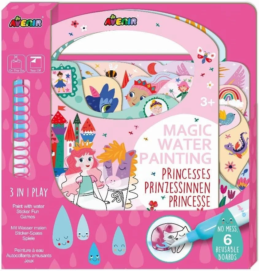 نقاشی جادویی با آب آونیر – پرنسس ها | دارای 6 صفحه رنگ آمیزی قابل استفاده مجدد، 2 برگه استیکر قابل جابجایی، و قلم موی پر کردنی، حمل آسان | مناسب کودکان 3 سال به بالا