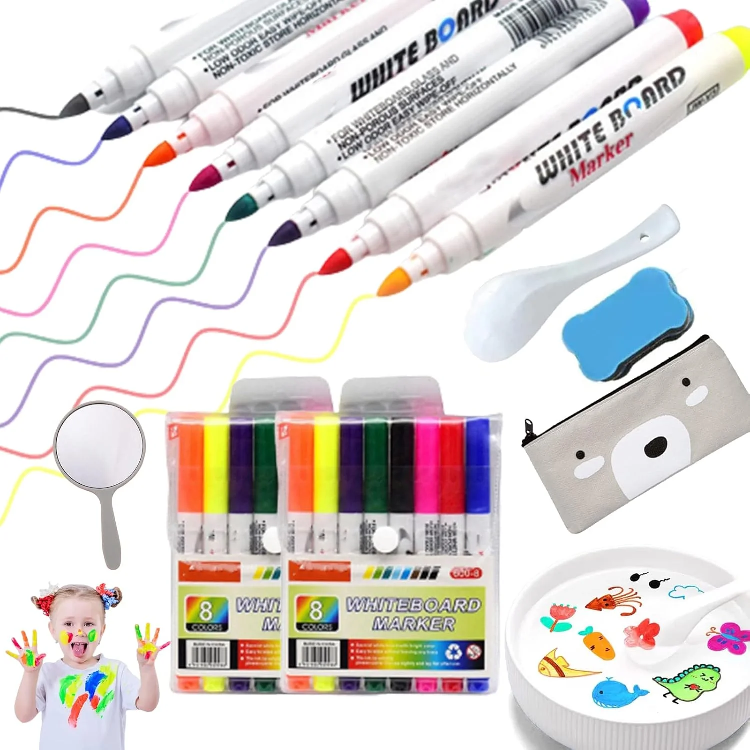 قلم جادویی نقاشی کودکان، قلم های نقاشی شناور جادویی 8/12 رنگ، قلم شناور جادویی آب، با قاشق، پاک کن اسفنجی، کیف قلم، آینه (1 ست 12 رنگ)