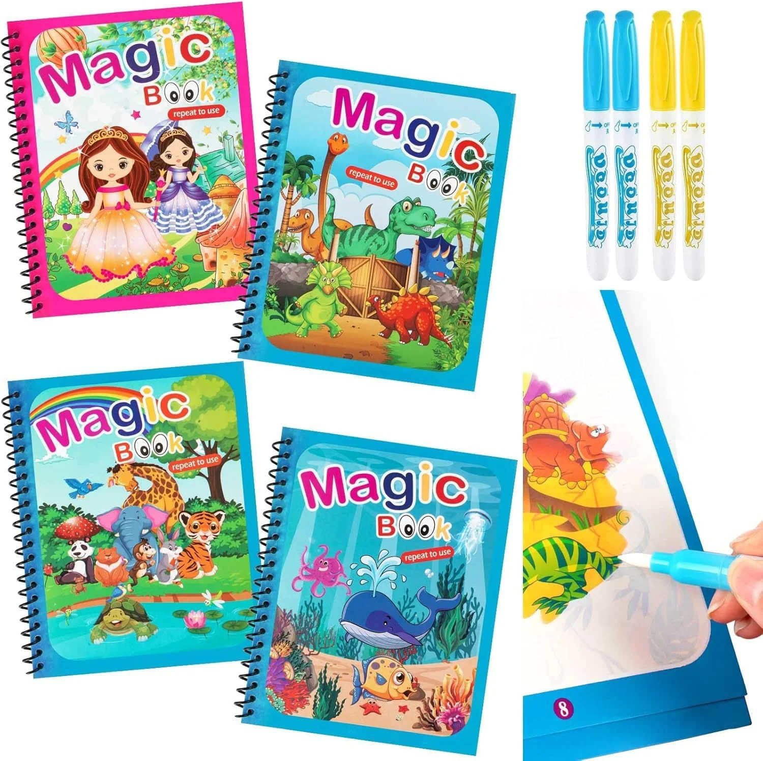 مجموعه ۴ عددی کتاب رنگ آمیزی با آب KASTWAVE، کتاب نقاشی با آب قابل استفاده مجدد طرح های تک شاخ، دایناسور، حیوانات و اقیانوس، مناسب برای کودکان نوپا، کیت های آموزشی و هدیه