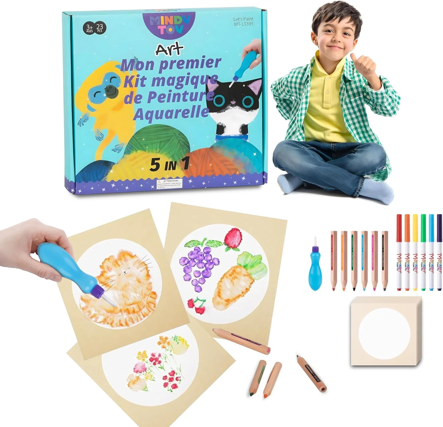 مجموعه نقاشی آبرنگ جادویی 5 در 1، 23 تکه، مناسب برای کودکان 3 سال به بالا، به همراه مداد و قلم مو