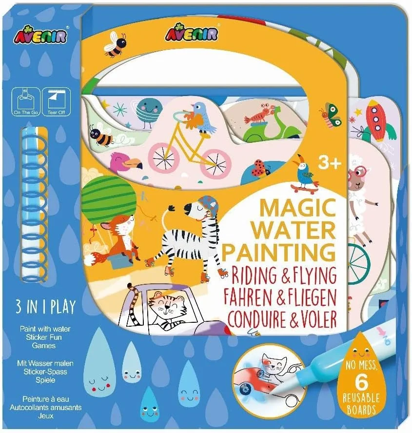 نقاشی جادویی با آب اونیر – سواری و پرواز | ۶ صفحه رنگ آمیزی قابل استفاده مجدد، ۲ ورق برچسب قابل جابجایی، و قلم آب قابل شارژ، حمل آسان | مناسب کودکان ۳ سال به بالا