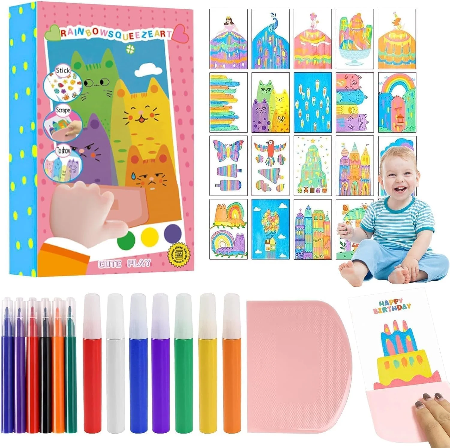 مجموعه نقاشی خراش رنگین کمانی DIY BHAVYAM برای کودکان به همراه ابزار فشاری، لوله های رنگی، برگه های طراحی و استیکر