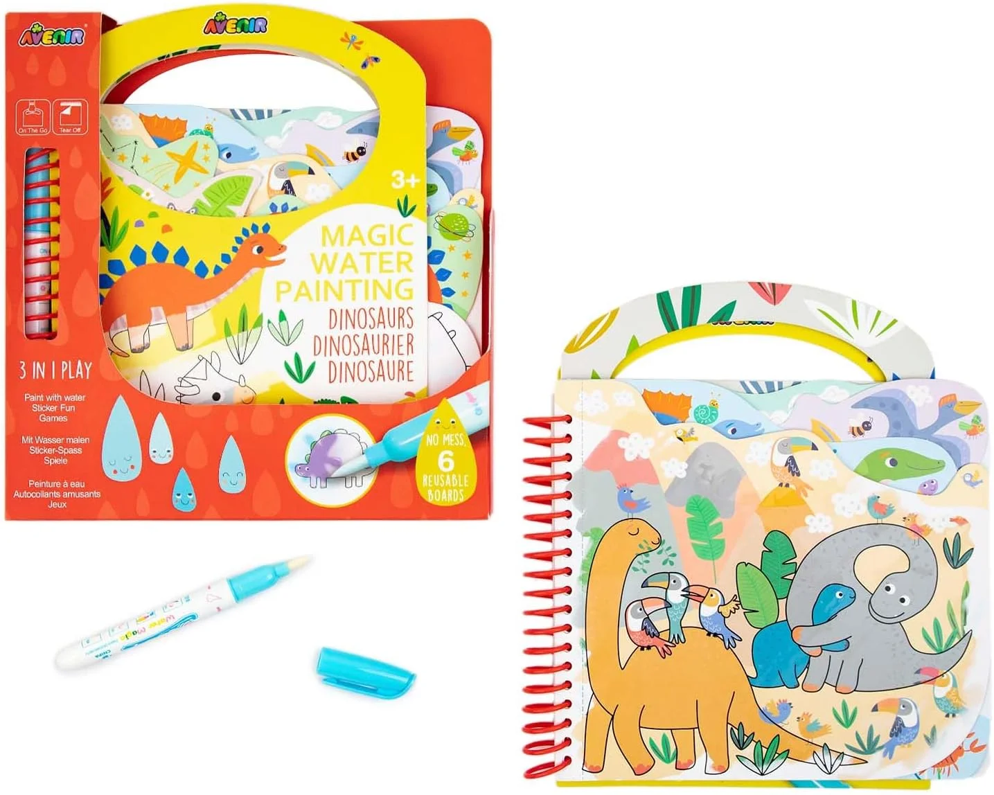 نقاشی جادویی با آب آونیر – دایناسور | 6 صفحه رنگ آمیزی قابل استفاده مجدد، 2 برگه استیکر قابل جابجایی، و قلم موی آب قابل شارژ، حمل آسان | مناسب کودکان 3 سال به بالا