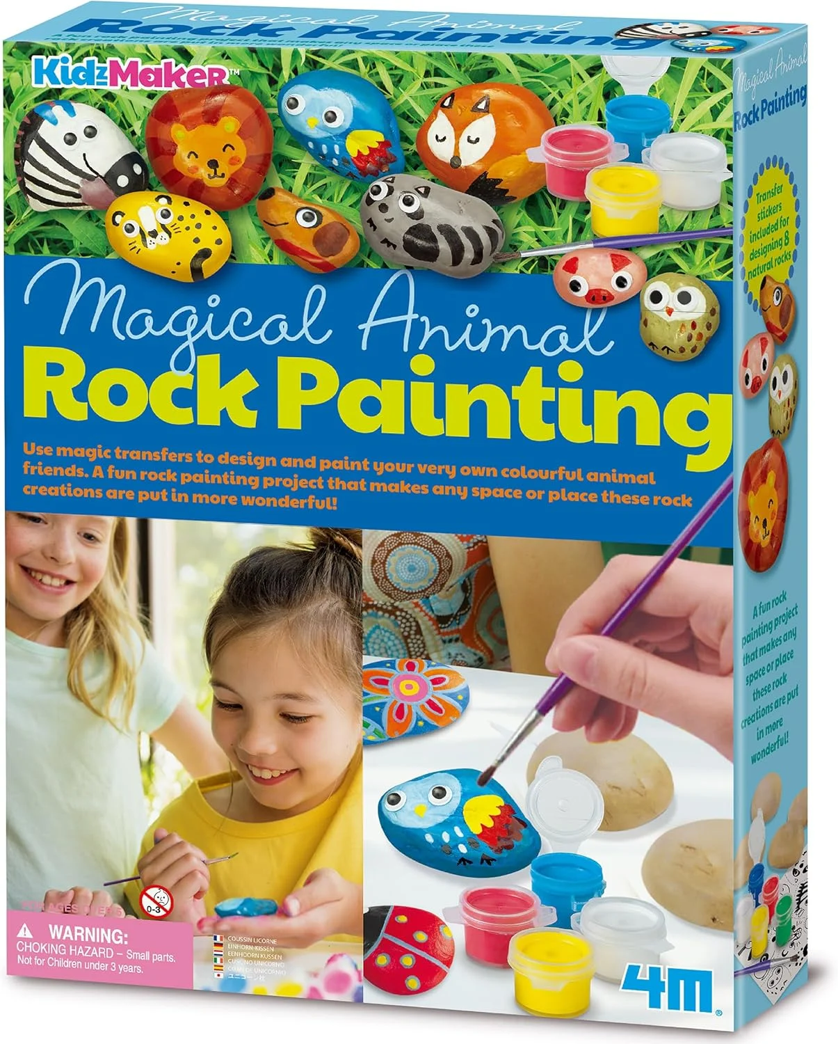 کیت رنگ آمیزی سنگ باغچه KidzMaker 4M – تزئین 8 سنگ به شکل حیوانات با نوار رنگ، قلم مو و برچسب های انتقال جادویی – فعالیت هنری سرگرم کننده DIY برای کودکان 5 سال به بالا – کد محصول: B07ZQVJR9R