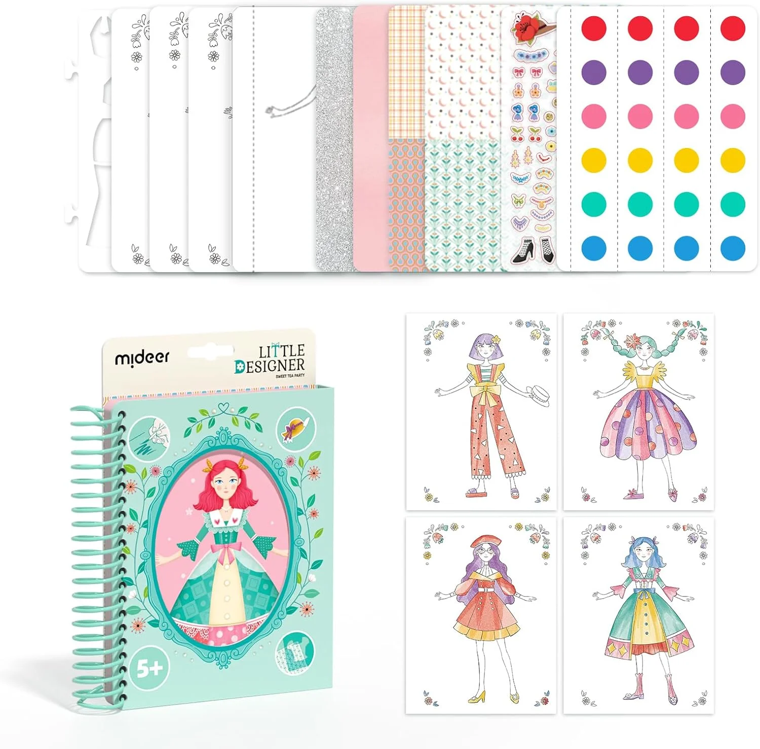 دفتر طراحی مد MiDeer با نقاشی آبرنگ، کتاب فعالیت لباس پرنسس با شابلون و برچسب، کیت طراح مد برای کودکان 5 6 7 (مهمانی چای شیرین)