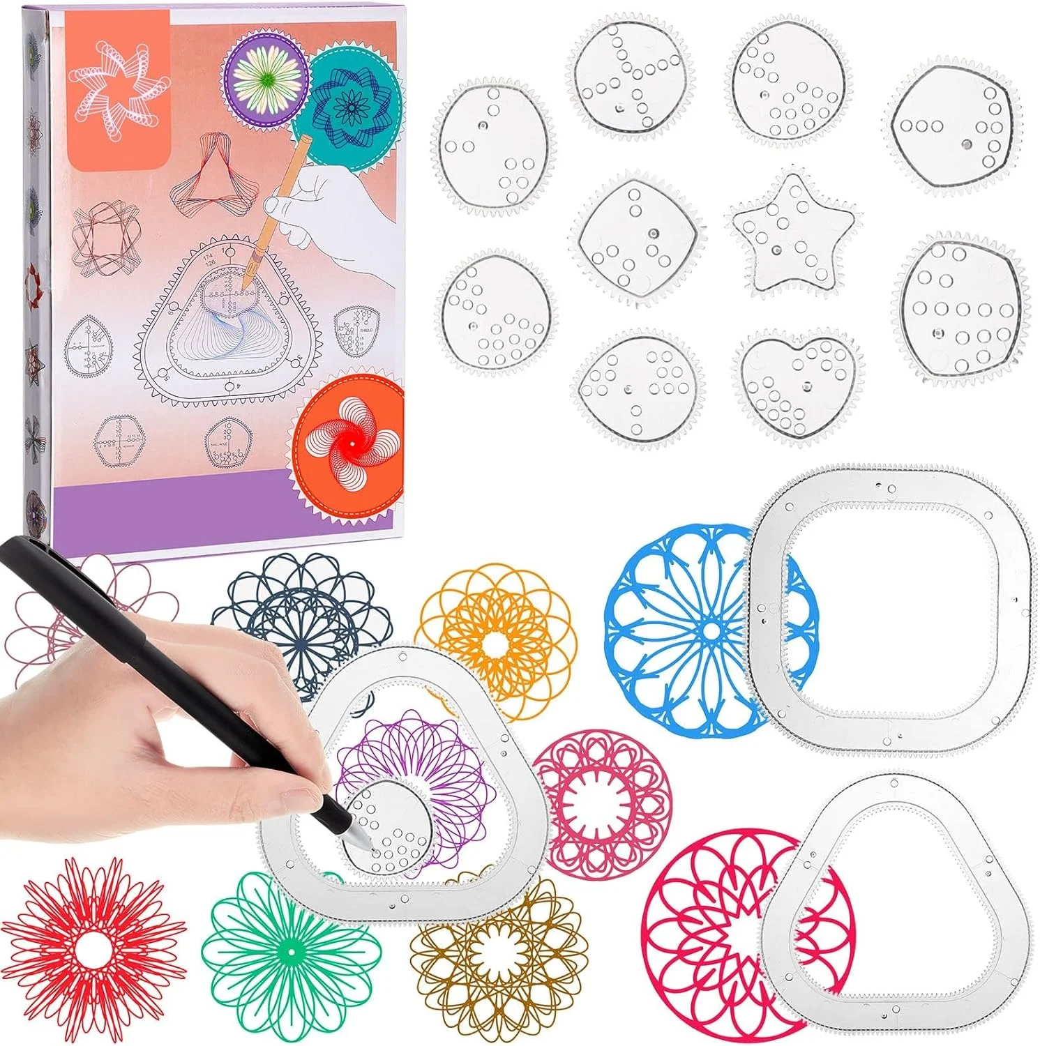 مجموعه اسپیروگراف Azonee، مجموعه چرخ دنده های اسپیروگراف طراحی خط کش، ابزار طراحی مارپیچ جادویی، قالب نقاشی پلاستیکی، کیت خط کش آموزش هنر برای کاردستی های هنری DIY کودکان مدرسه خانه 18 عددی