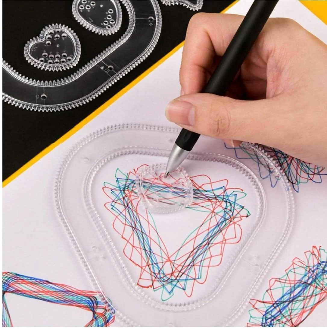 مجموعه اسپیروگراف Azonee، مجموعه چرخ دنده های اسپیروگراف طراحی خط کش، ابزار طراحی مارپیچ جادویی، قالب نقاشی پلاستیکی، کیت خط کش آموزش هنر برای کاردستی های هنری DIY کودکان مدرسه خانه 18 عددی