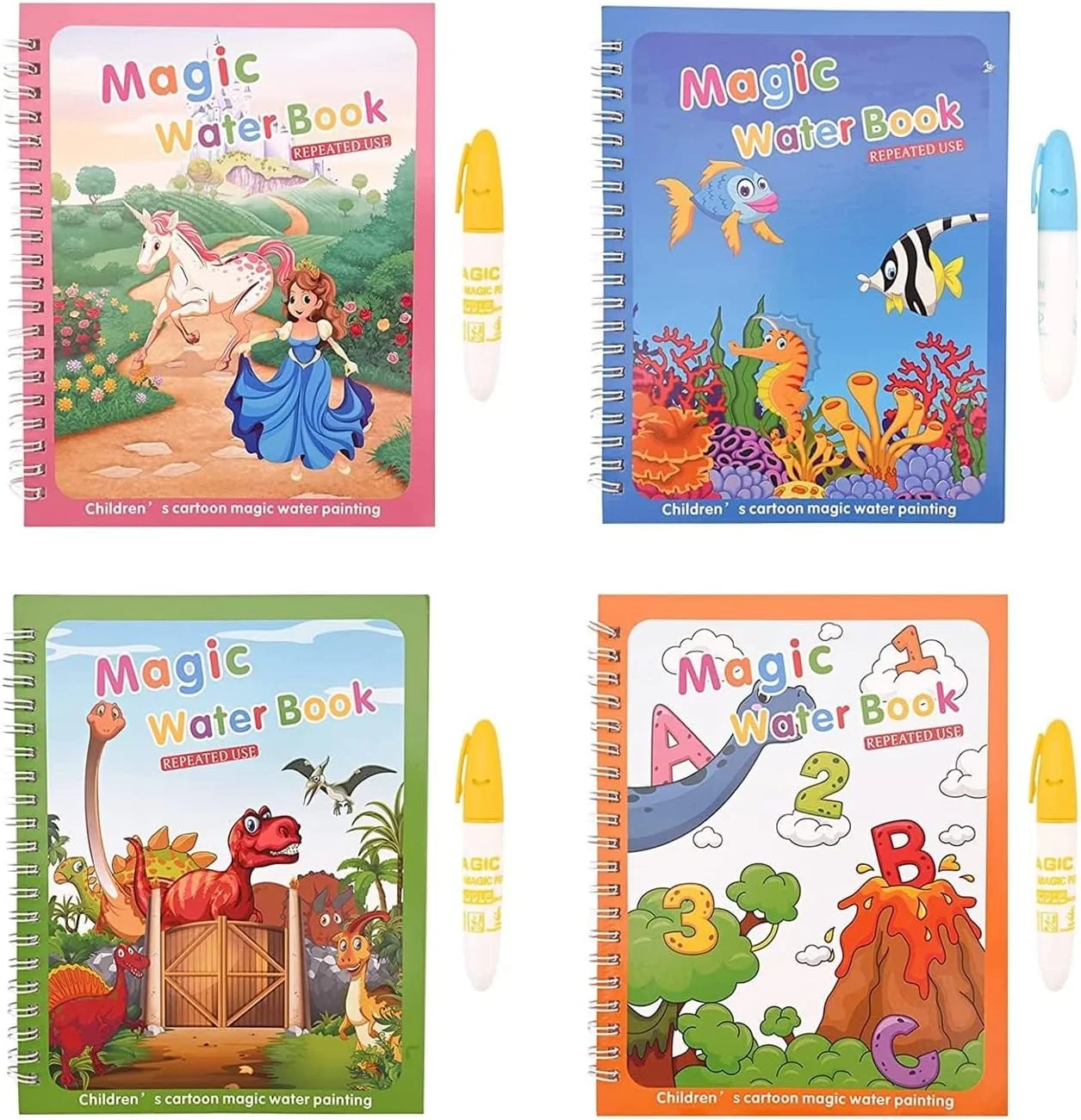 کتاب رنگ آمیزی جادویی با آب، بسته 4 عددی کتاب رنگ آمیزی جادویی الفبا با آب، کتاب نقاشی قابل استفاده مجدد برای کودکان نوپا، کتاب های نقاشی جادویی برای بازی نقاشی حیوانات کارتونی، هدیه کودکان