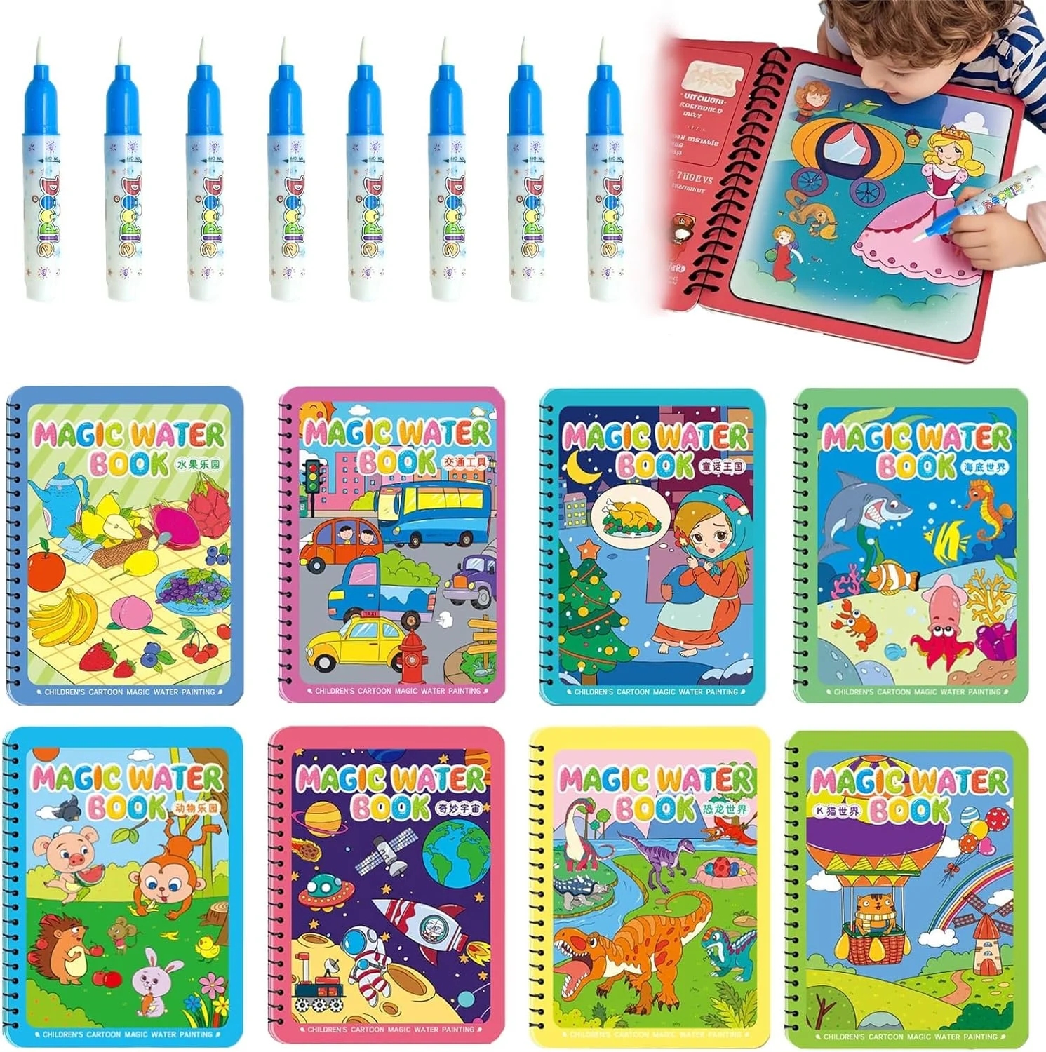 مجموعه ۸ عددی کتاب رنگ آمیزی جادویی با آب و قلم - ۸ کتاب رنگ آمیزی آبی جادویی به همراه قلم | فعالیت سرگرم کننده و قابل استفاده مجدد برای کودکان نوپا، پسران و دختران