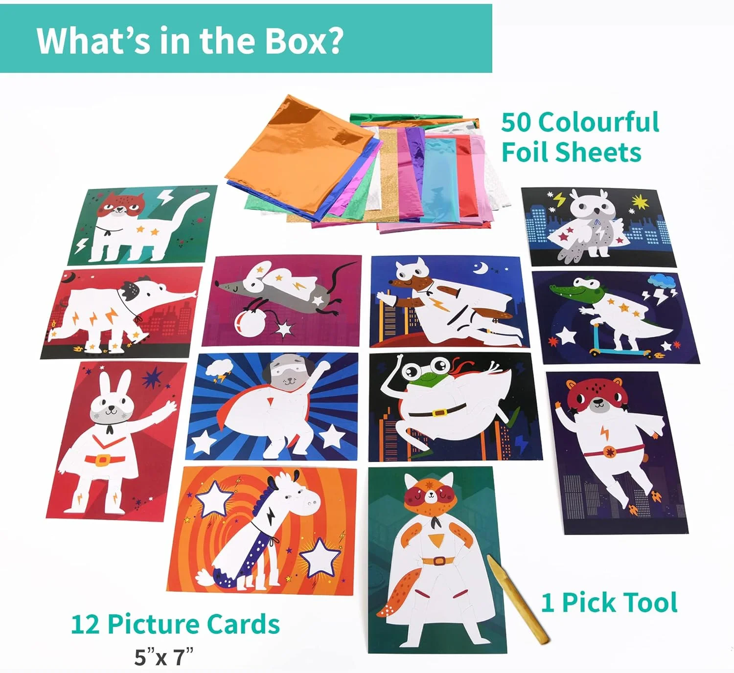 کیت هنری و کاردستی Chalk and Chuckles، هنر فویل فوق العاده، هدیه ای برای پسران و دختران 4 تا 9 ساله، ایجاد 12 تصویر با تم حیوانات ابرقهرمان، اسباب بازی های خلاقانه برای کودکان