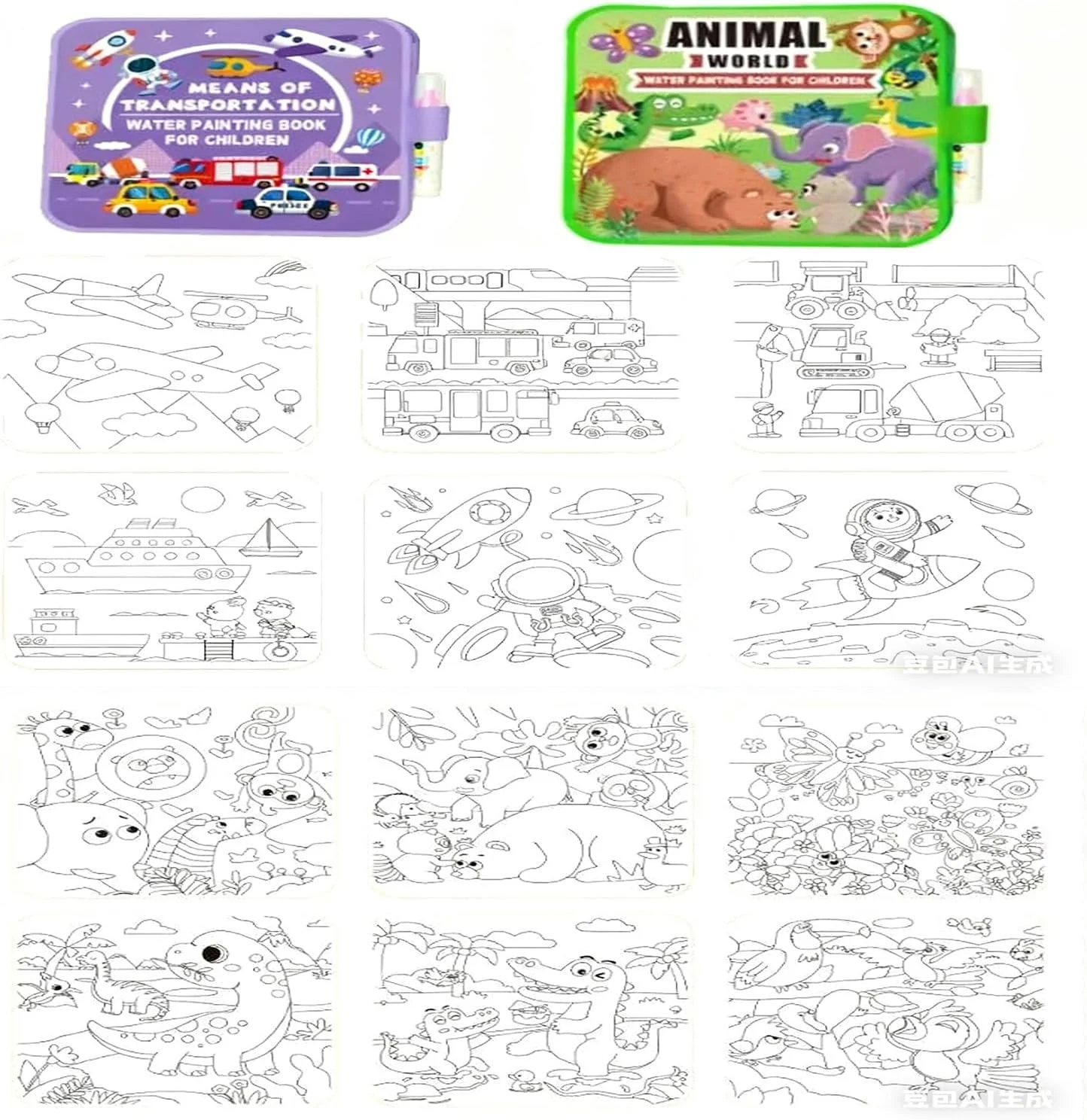 بسته 2 عددی کتاب رنگ آمیزی جادویی با آب برای کودکان نوپا، کتاب های نقاشی قابل استفاده مجدد با 2 قلم موی آبی، اسباب بازی های آموزشی بدون کثیف کاری برای کودکان 2 تا 5 ساله، کتاب های فعالیت مسافرتی برای پسران و دختران