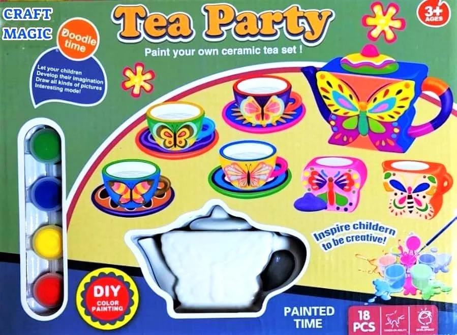 ست چای خوری رنگ آمیزی، کیت کاردستی رنگ آمیزی برای کودکان، ست چای خوری سرامیکی حکاکی شده با پروانه به همراه مُهر ایموجی خندان، مناسب برای کودکان 3 سال به بالا